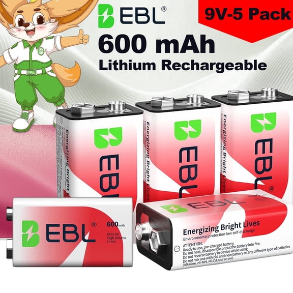 EBL Lithium 9V Rechargeable Batteries 9 Volt 600mAh Li-ion Batteries (5 Packs) Professional Recycle 6F22 Standard Wide Compatible