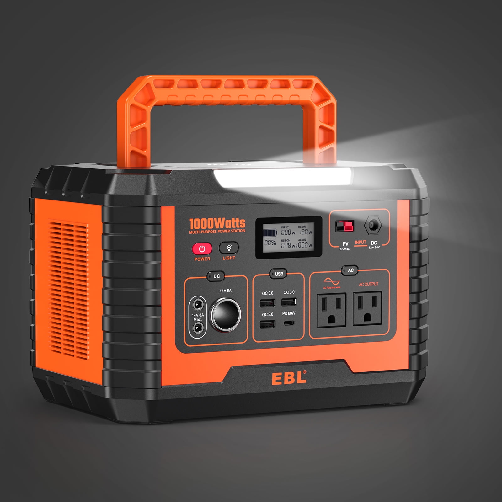 EBL Portable Power Station 1000W, 999Wh Capacity, Solar Generator, AC  Output for Outdoor Camping, Home Backup, Emergency, RV/Va
