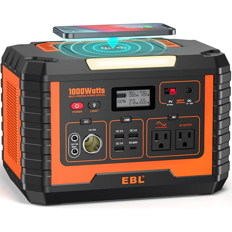 EBL Portable Power Station 1000W Solar Generator,270000mAh Lithium Battery  Backup,with 2 x AC Outlets, 3 x QC3.0 USB, and PD60W Port for Outdoor  Camping 