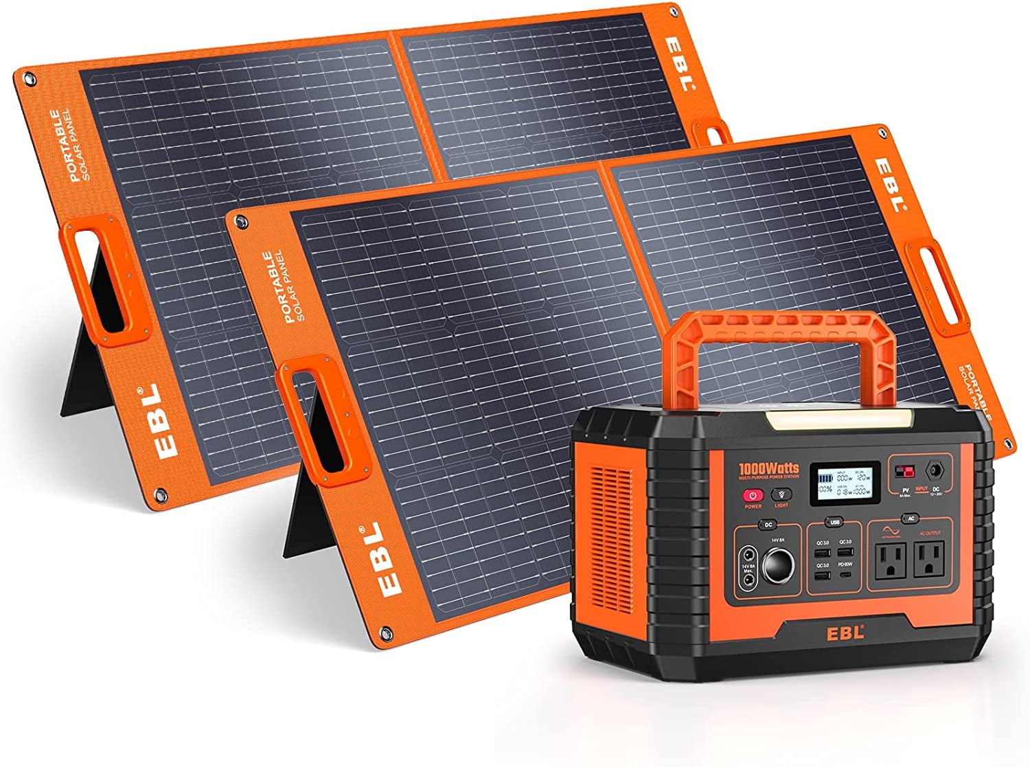 EBL Portable Power Station, Solar Generator 1000W and 2X 100W Portable Solar Panel with 2 x AC Outlets, 3 x QC3.0 USB, and PD60W port for Outdoor Camping, Home Emergency, RV/Van