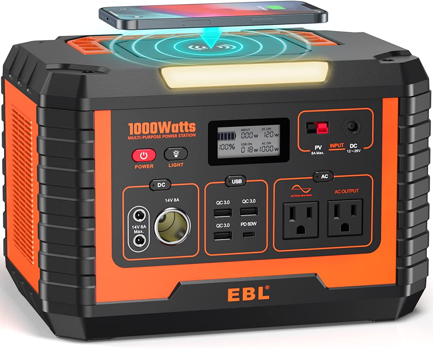 EBL Portable Power Station Voyager, 110V/1000W Solar Generator (Surge 2000W), 999Wh/270000mAh Lithium Battery for Outdoor Home Emergency