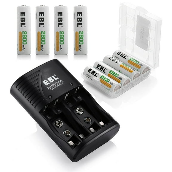 EBL Rechargeable 2800mAh AA Batteries (8 Pack) with Charger, Built-in Foldable Wall Plug, Automatic Power-Off Battery Charger for AA AAA (NiMH) 9V Batteries