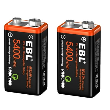 EBL Rechargeable 9V Batteries (2 Pack), 5400mWh Long Lasting Lithium-Ion Batteries