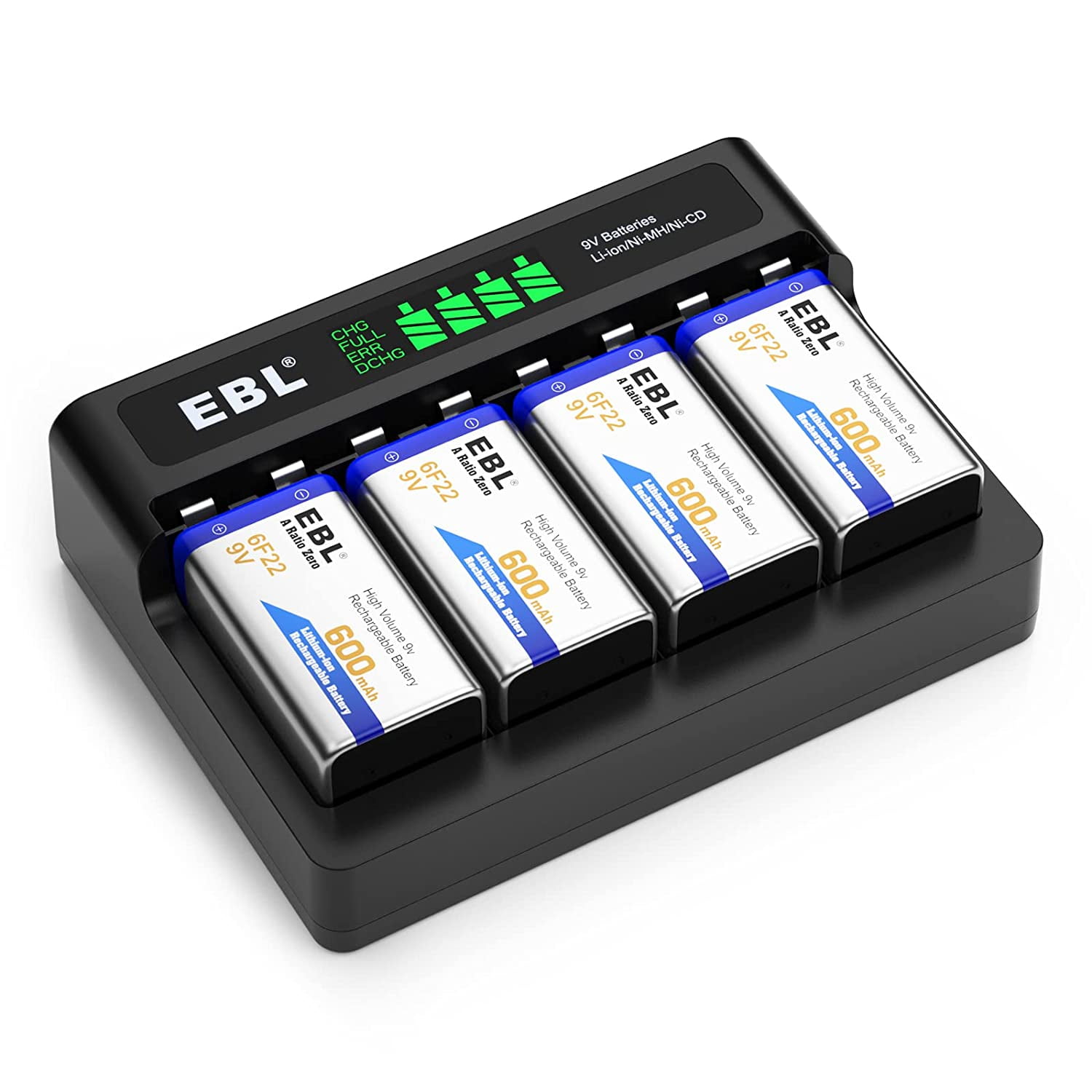 EBL Rechargeable 9V Batteries 4Pack with M7014LW 9V Battery Charger (Builtin USB Cable) Insert
