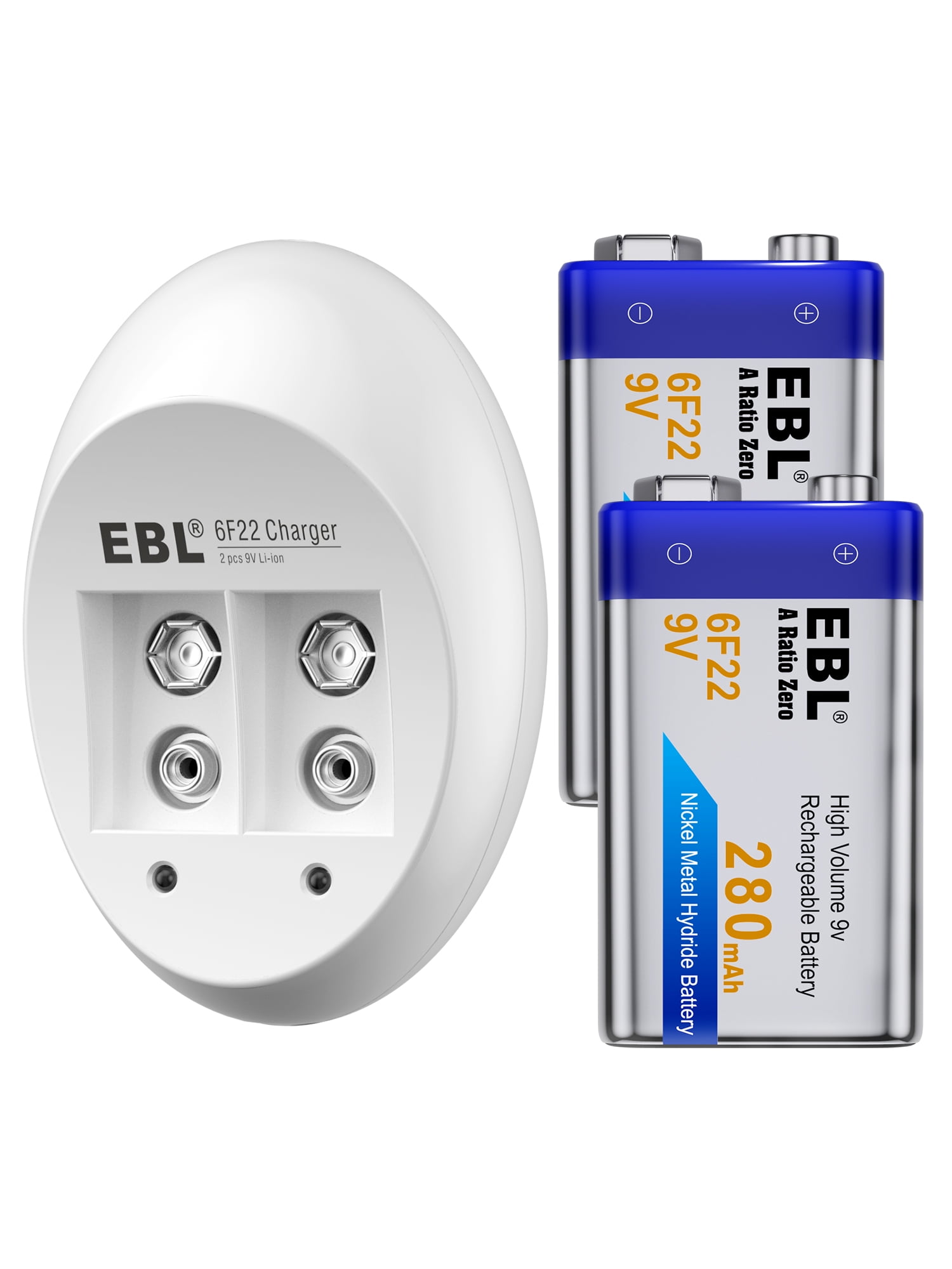 EBL Rechargeable 9V Battery and Battery Charger, NIMH 280 mAh 9 Volt Battery (2 Count) for Smoke Alarms Guitar Cameras Toys & More