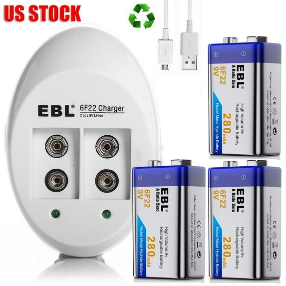EBL Rechargeable 9V Battery and Battery Charger, NIMH 280 mAh 9 Volt Battery (3 Count) for Smoke Alarms Guitar Cameras Toys & More