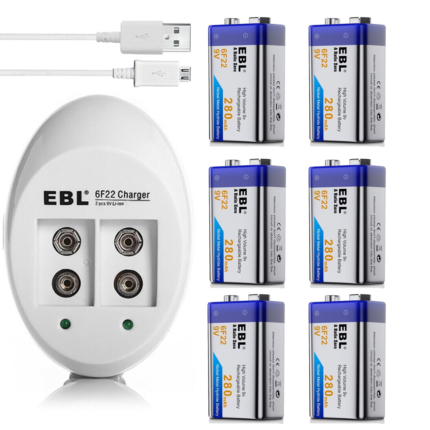 EBL Rechargeable 9V Battery and Battery Charger, NIMH 280 mAh 9 Volt Battery (6 Count) for Smoke