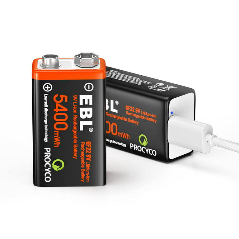 EBL Rechargeable 9V Lithium Batteries 5400mWh 9 Volt Li-Ion Batteries  Long-Lasting with USB Charging Cable, 2-Pack - Walmart.com