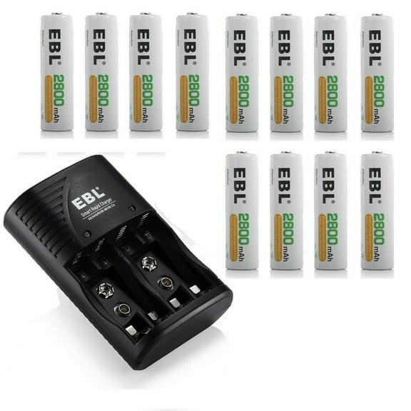 EBL Rechargeable AA Batteries 2300mAh (12 Pack) with Charger, Built-in Foldable Wall Plug, Automatic Power-Off Smart Battery Charger for AA AAA (NiMH) 9V Batteries
