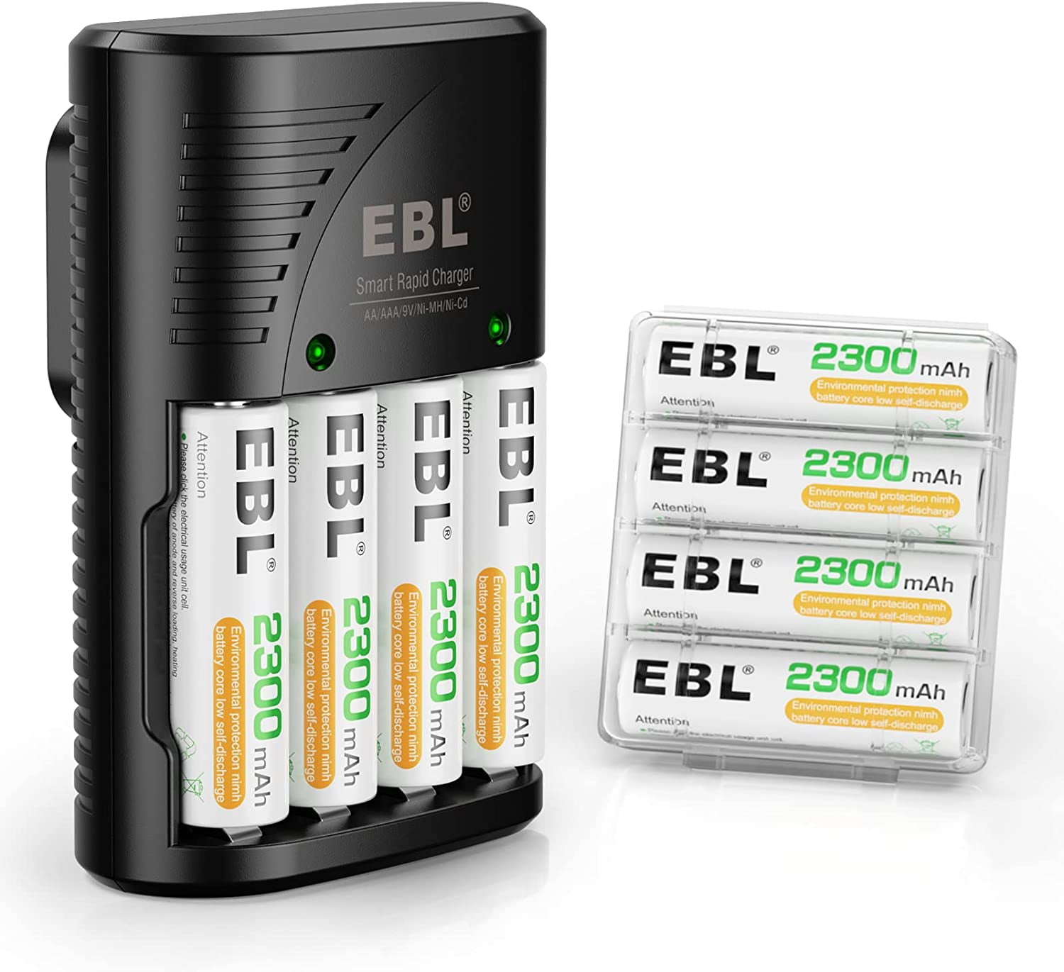EBL Rechargeable AA Batteries 2300mAh (8 Pack) with Charger, Built-in Foldable Wall Plug, Automatic Power-Off Smart Battery Charger for AA AAA (NiMH) 9V Batteries