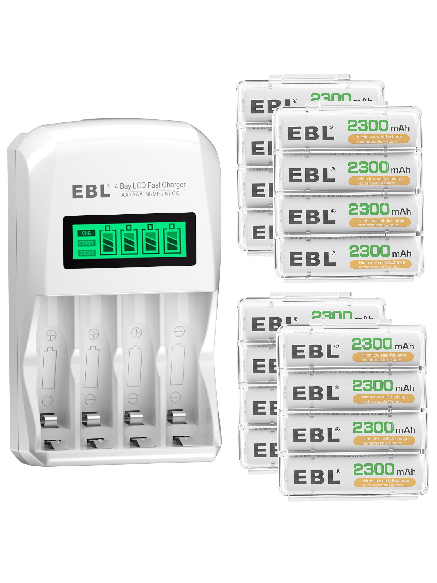 EBL Rechargeable AA Batteries with LCD Battery Charger, 16 Pack of 2300mAh High Capacity Ni-MH AA Rechargeable Battery and Smart Independent Solt Battery Charger