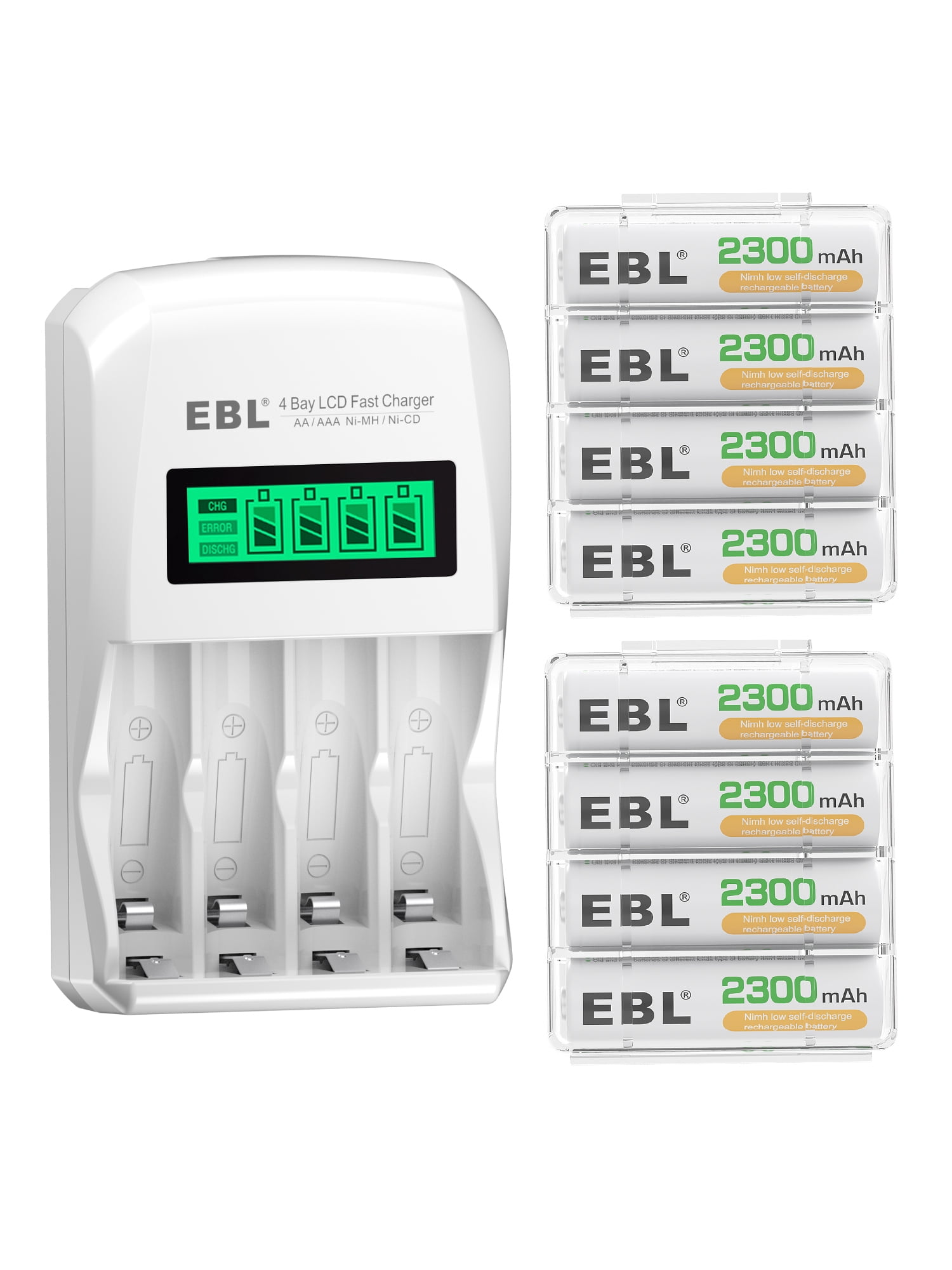 EBL Rechargeable AA Batteries with LCD Battery Charger, 8 Pack of 2300mAh High Capacity Ni-MH AA Rechargeable Battery and Smart Independent Solt Battery Charger