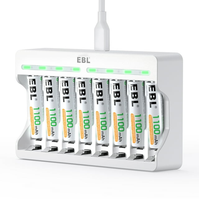 EBL Rechargeable AAA Batteries (8 Pack) 1100mAh + 8 Slot Battery
