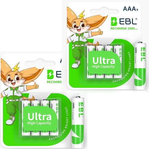 EBL Rechargeable AAA Batteries (8 Pack), 1000mAh Pre-Charged Triple A Batteries