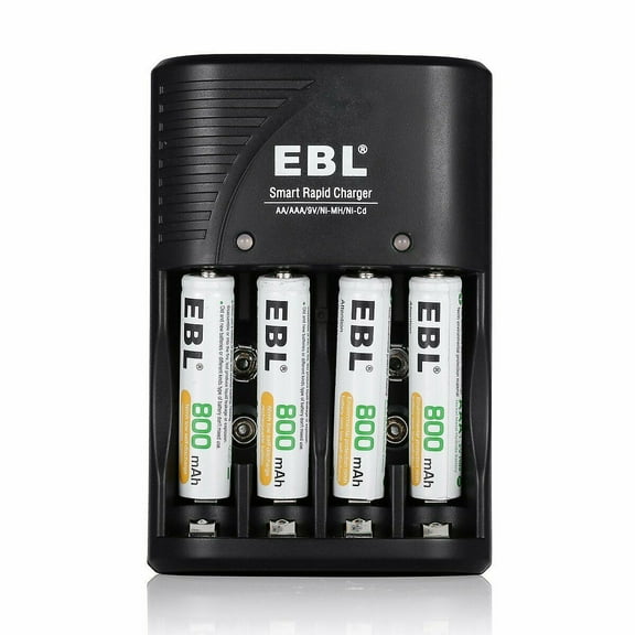 EBL Rechargeable AAA Batteries 800mAh (4 Packs) with Smart Rapid Battery Charger with AC Wall Plug for AA AAA 9V Ni-MH Ni-CD Rechargeable Batteries
