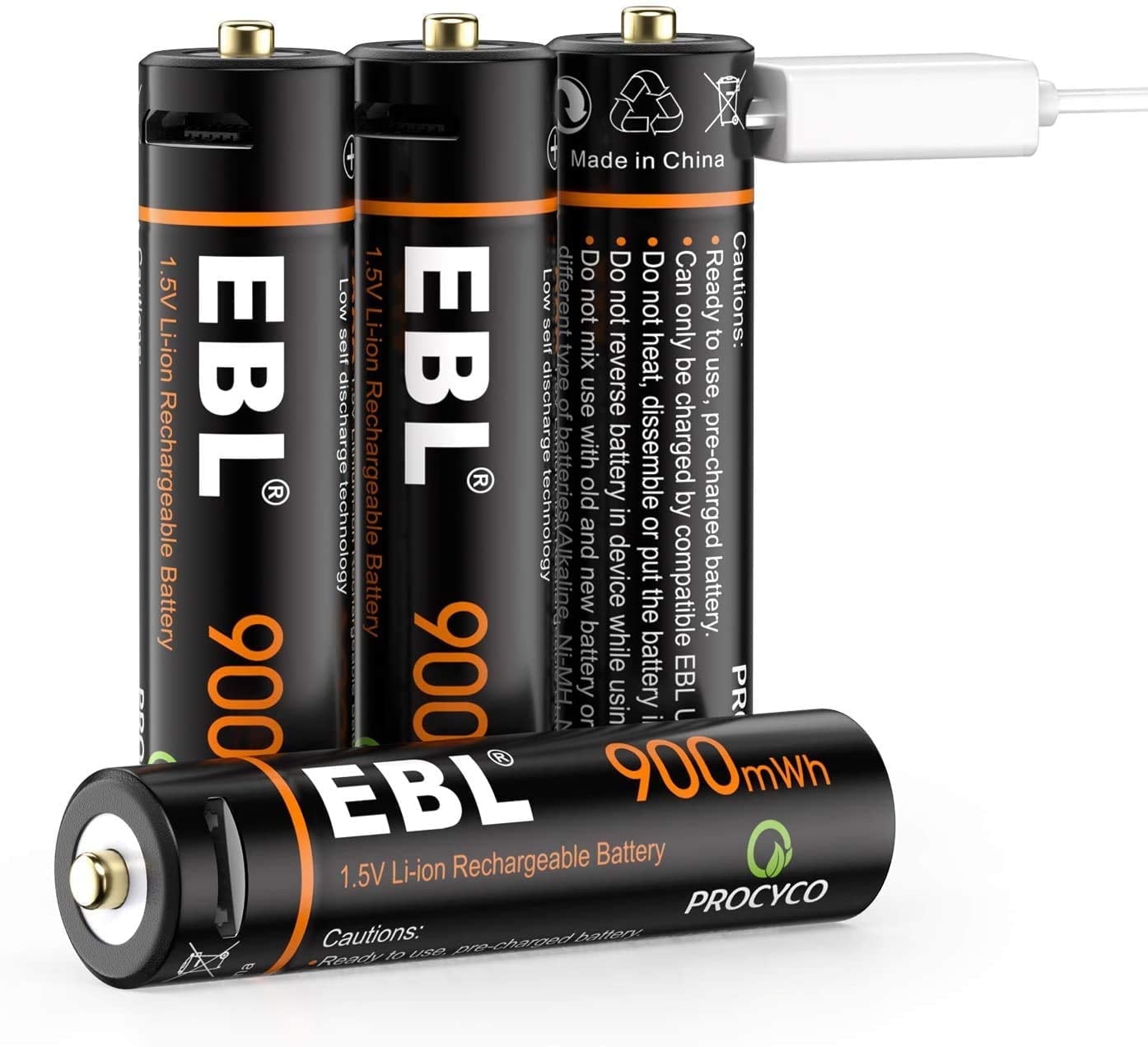 EBL Rechargeable AAA Lithium Batteries 1.5V AAA 900mWh USB Rechargeable Batteries - 4 Pack