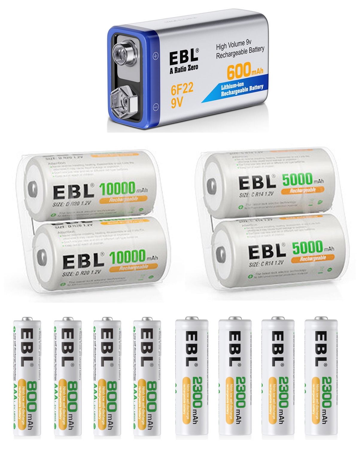 EBL Rechargeable Batteries,2pcs D Batteries& C Batteries, 1pc 9V Batteries, 4pcs AA Batteries & AAA Batteries