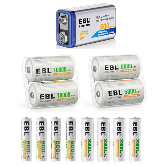 EBL Rechargeable Batteries,2pcs D Batteries& C Batteries, 1pc 9V Batteries, 4pcs AA Batteries & AAA Batteries