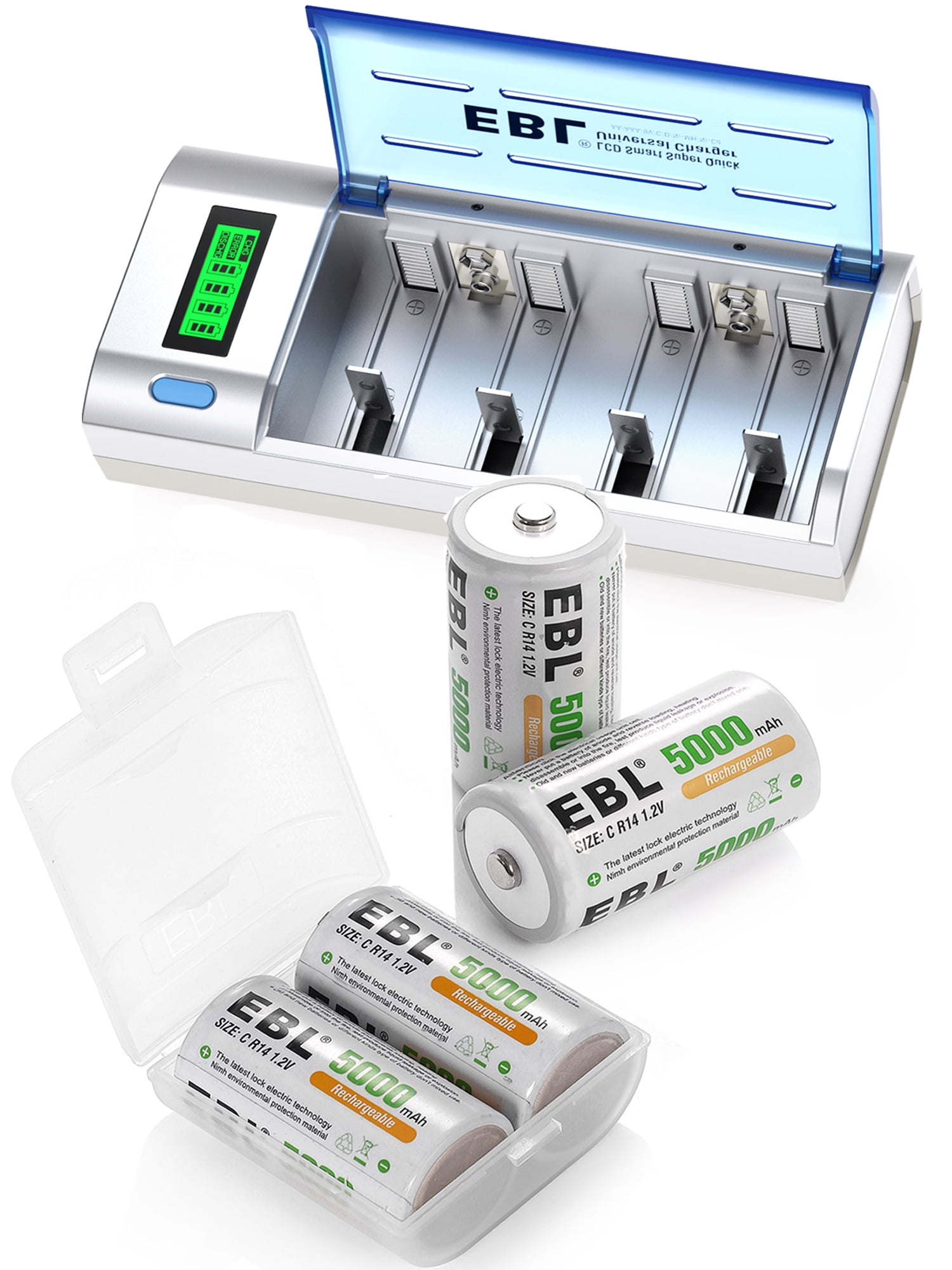 EBL C Cell Rechargeable Batteries (4 Pack) with Battery Charger, White