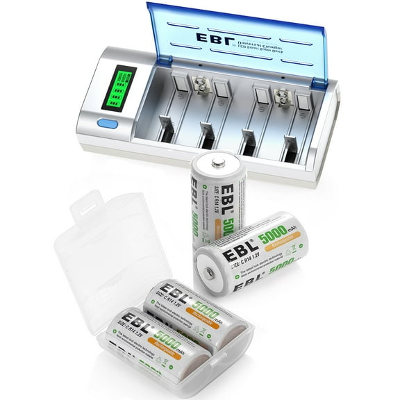 EBL C Cell Rechargeable Batteries (4 Pack) with Battery Charger, White