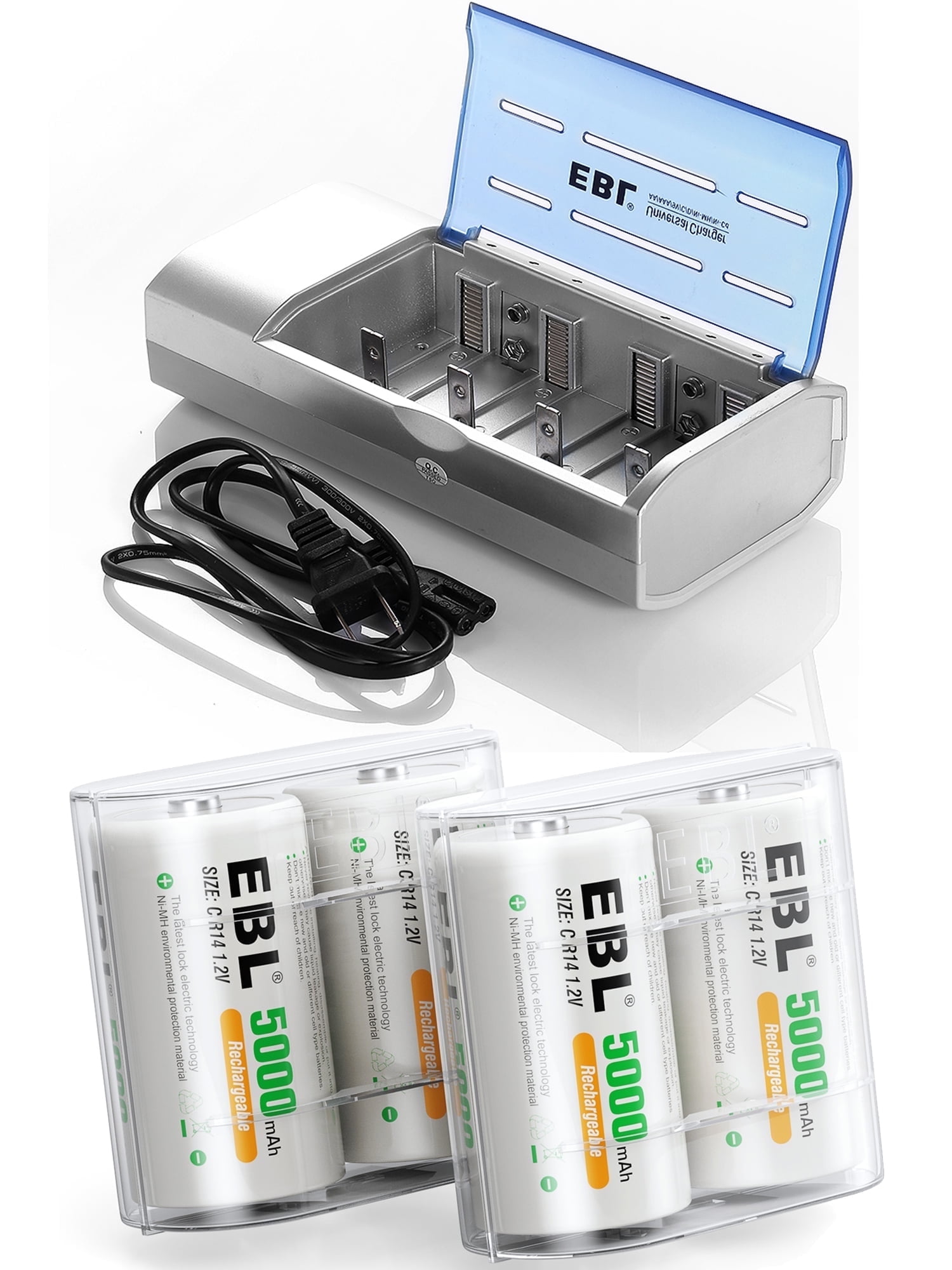 EBL C Cell Rechargeable Batteries (4 Pack) with Battery Charger, White