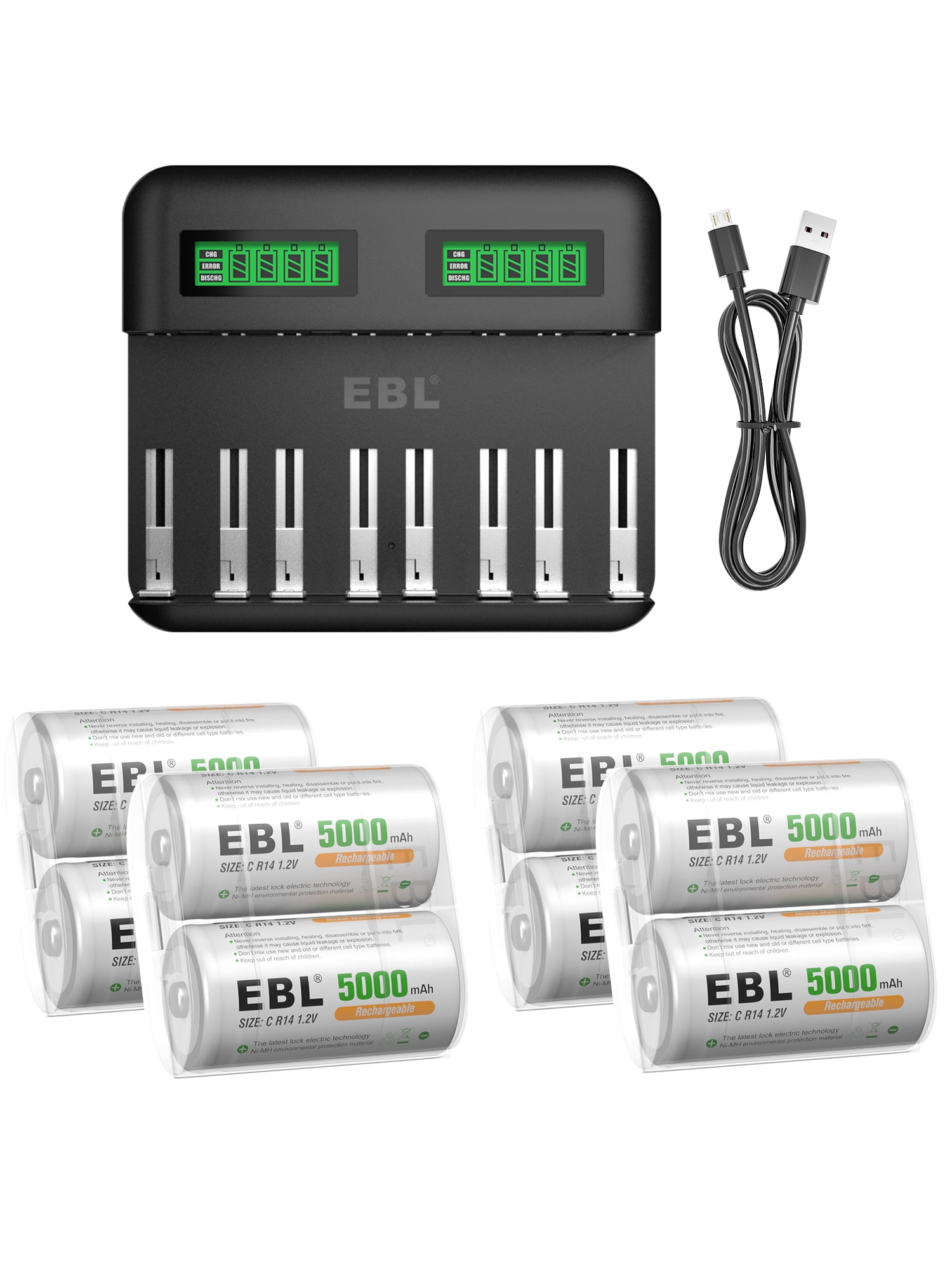 EBL Rechargeable C Batteries 5000mAh 1.2V (8 Pack) and LCD Rechargeable