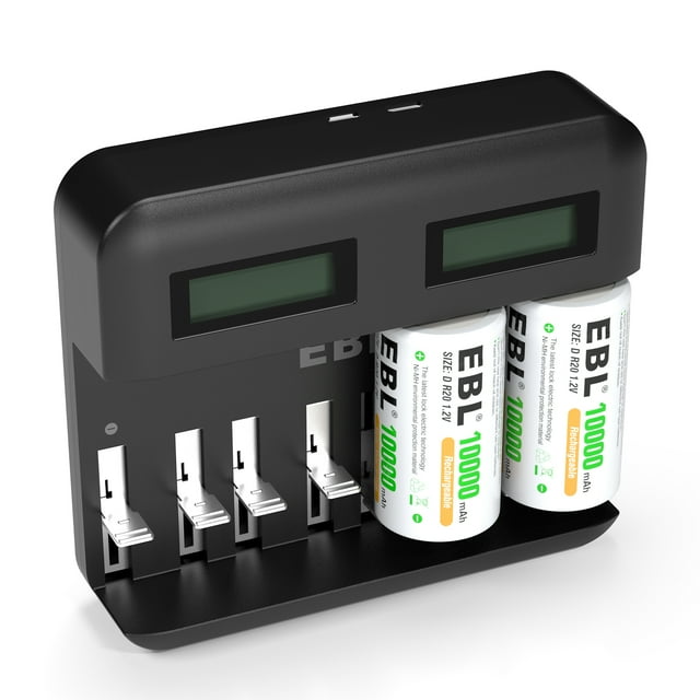 EBL Rechargeable D Batteries 10000mAh (2 Pack) + EBL 8 Bay LCD Battery