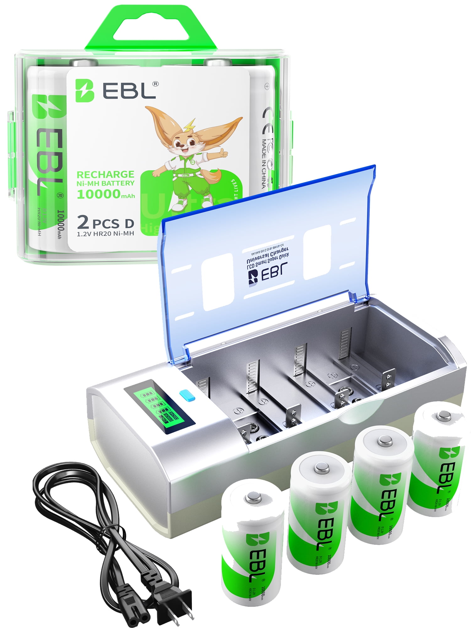 EBL Rechargeable D Batteries (6-Pack) with Battery Charger for 9V AA AAA C D Cell Batteries