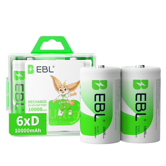 EBL Rechargeable D Batteries, Ni-MH D Cell General Purpose Battery, 6 Pack