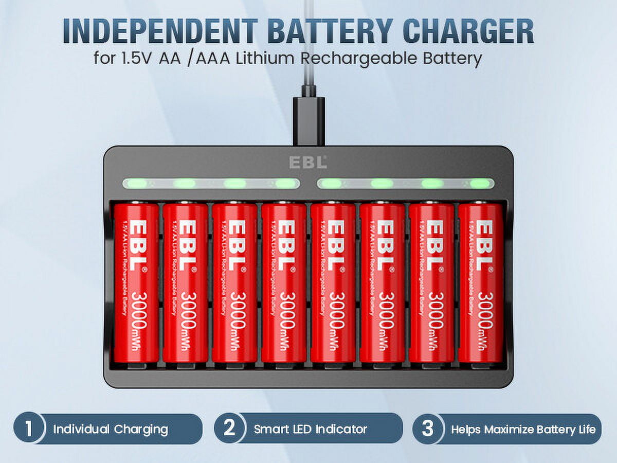 EBL Rechargeable Lithium AA Battery with Smart Battery Charger for