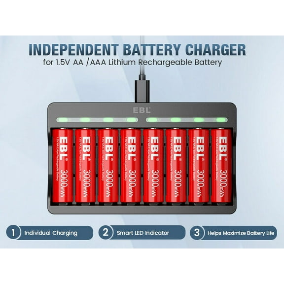 EBL Rechargeable Lithium AA Battery with Smart Battery Charger for Rechargeable Lithium Batteries (Charger+Batteries 8 Pack)