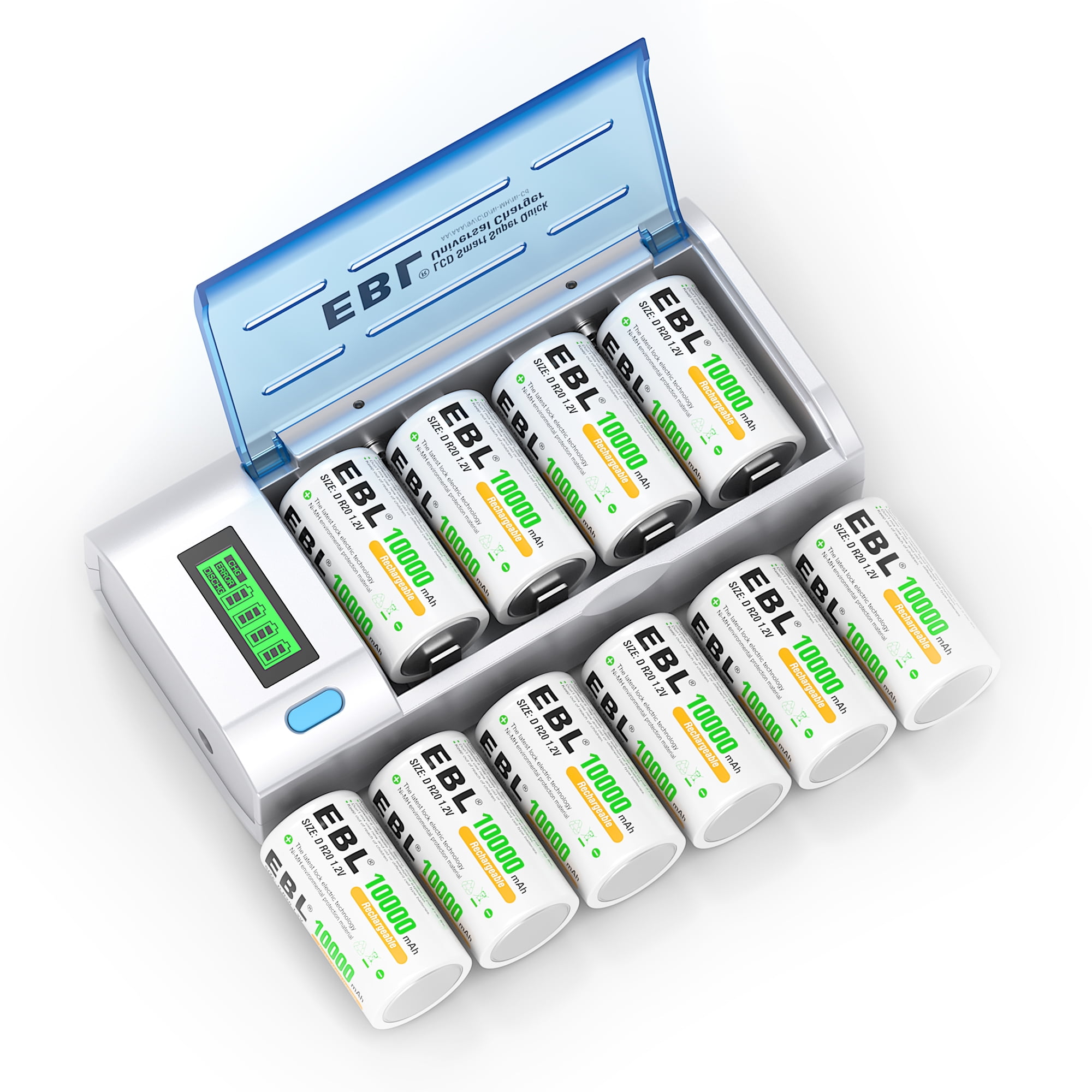 EBL Size D Rechargeable Batteries 10000mAh (10 Pack) + Battery Charger