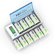 EBL Size D Rechargeable Batteries 10000mAh (10 Pack) + Battery Charger for 9V C D AA AAA Batteries