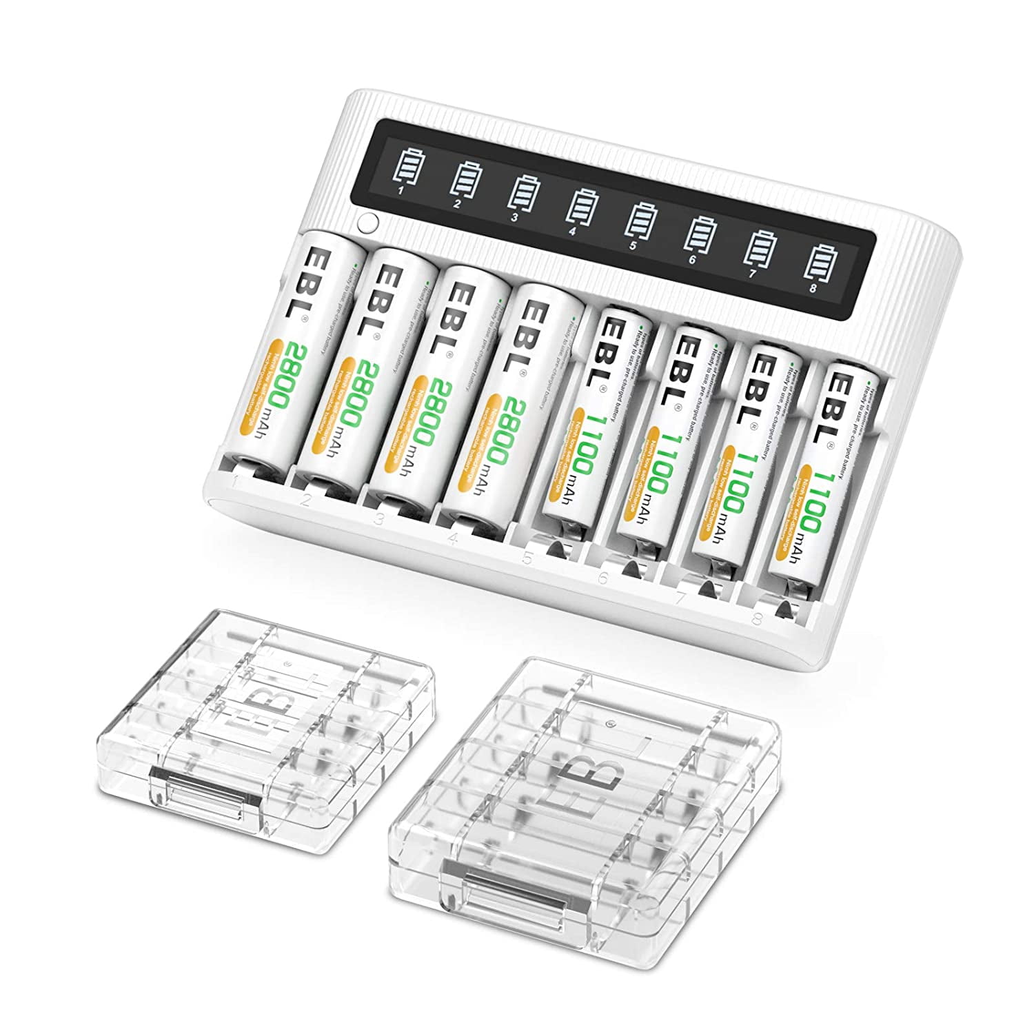 EBL Smart LCD 8 Bay AA AAA Battery Charger with 4PCS 2800mAh NiMH Rechargeable AA and 4PCS 1100mAh AAA Batteries Combo