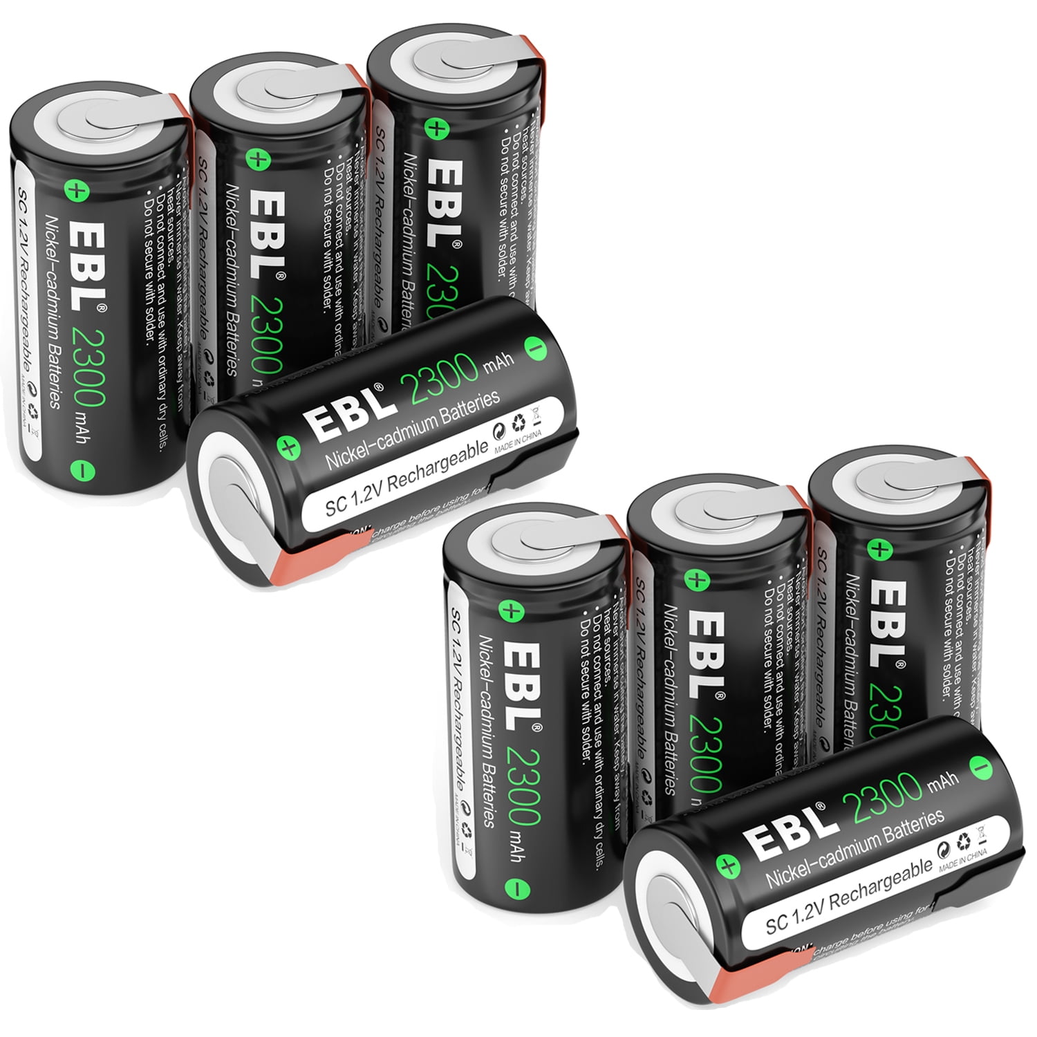 EBL Sub C SC Cell Batteries (8 Counts) 1.2 Volts Ni-CD Rechargeable Battery with Tabs