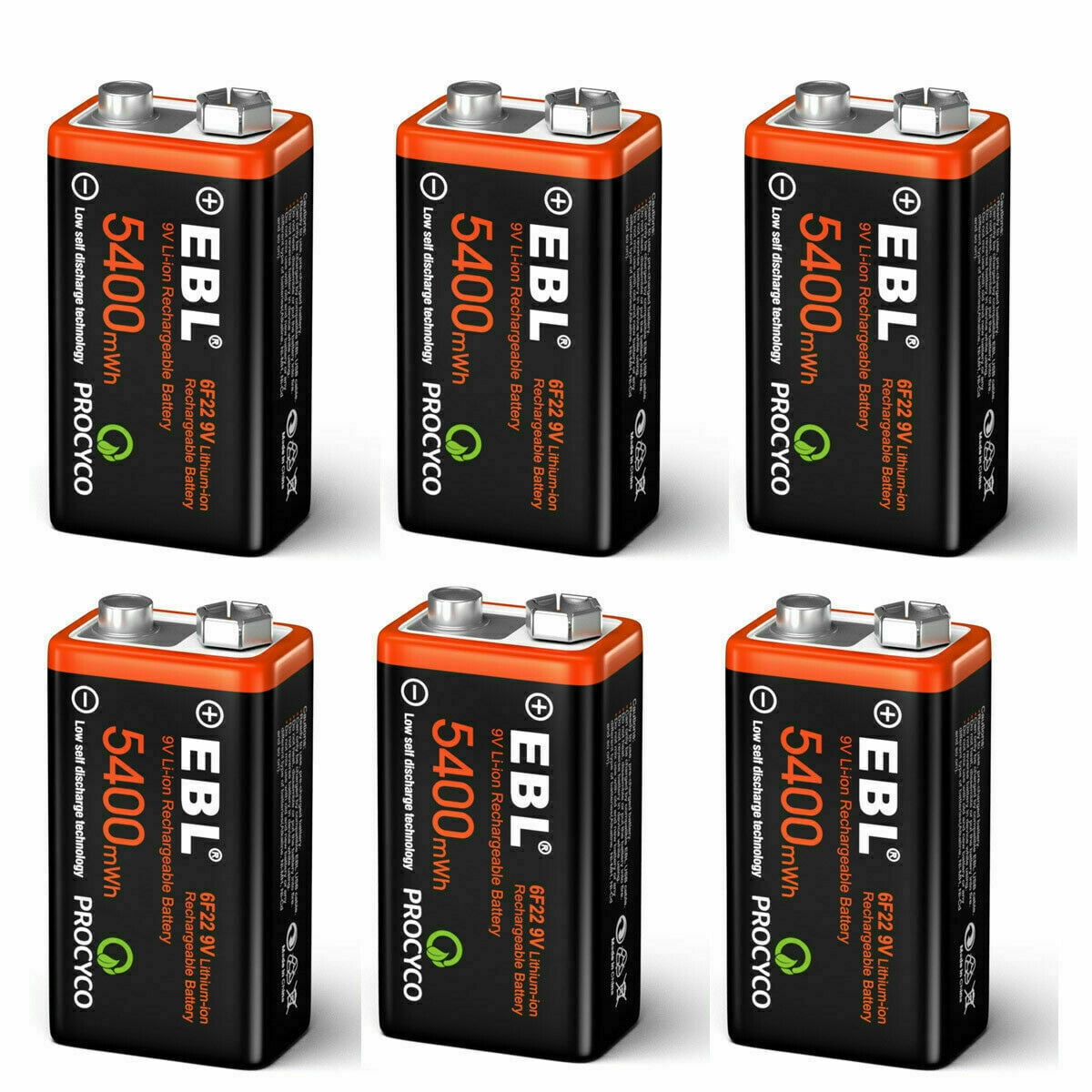 EBL USB Rechargeable 9V Lithium Batteries - 5400mWh Long Lasting 9 Volt LI-ion Batteries (6 Pack)