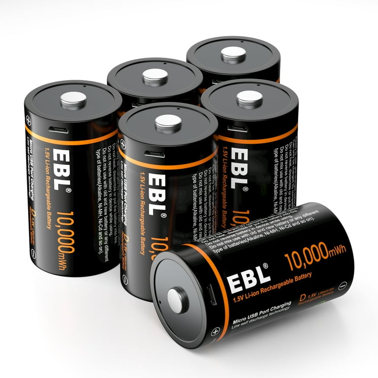 EBL USB Rechargeable D Batteries (6 Pack) 10000mWh 1.5V Long Lasting D Cell  Li-Ion Batteries 
