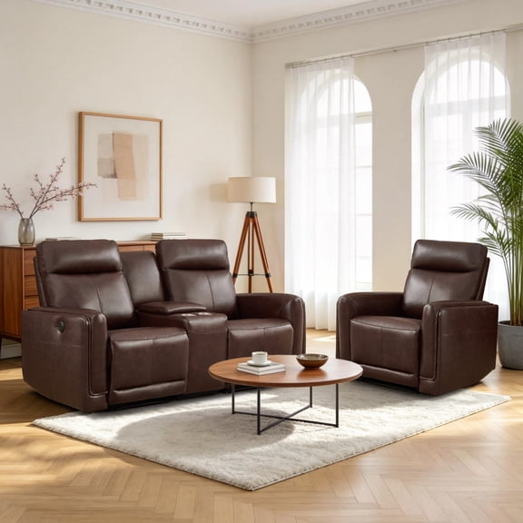 EBLLEO 3-Seater Power Genuine Leather Recliner Sofa Set, Reclining Chair and Loveseat with Cup Holders and USB Ports for Living Room, Home Theater (Dark Brown)