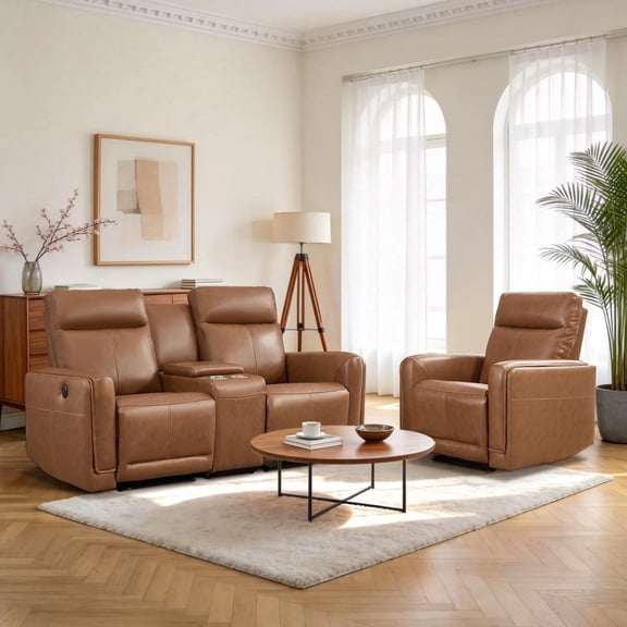 EBLLEO 3-Seater Power Genuine Leather Recliner Sofa Set, Reclining Chair and Loveseat with Cup Holders and USB Ports for Living Room, Home Theater (Light Brown)