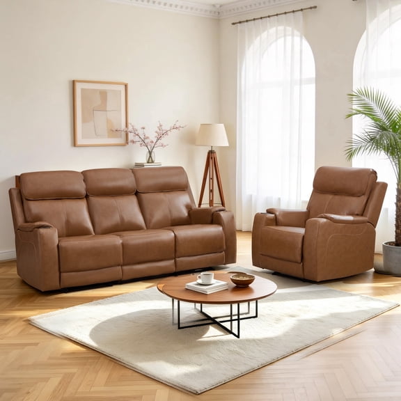 EBLLEO 4-Seater Power Genuine Leather Recliner Sofa Set, Reclining Chair and 3-Seater Couch with Cup Holders and USB Ports for Living Room, Home Theater (Light Brown)
