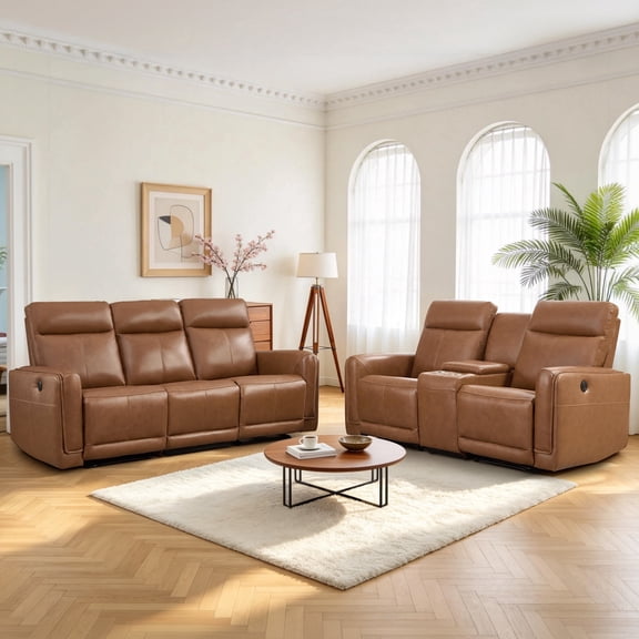 EBLLEO 5-Seater Power Genuine Leather Recliner Sofa Set, Loveseat and 3-Seater Couch with Cup Holders and USB Ports for Living Room, Home Theater (Light Brown)