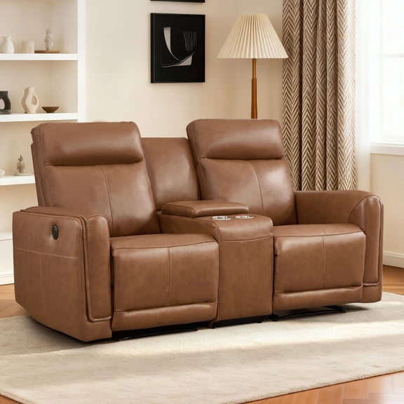 EBLLEO Power Genuine Leather Reclining Loveseat, Mid-Century Modern 2-Seater Sofa with Cup Holders and Storage Space for Living Room, Home Theater (Light Brown)