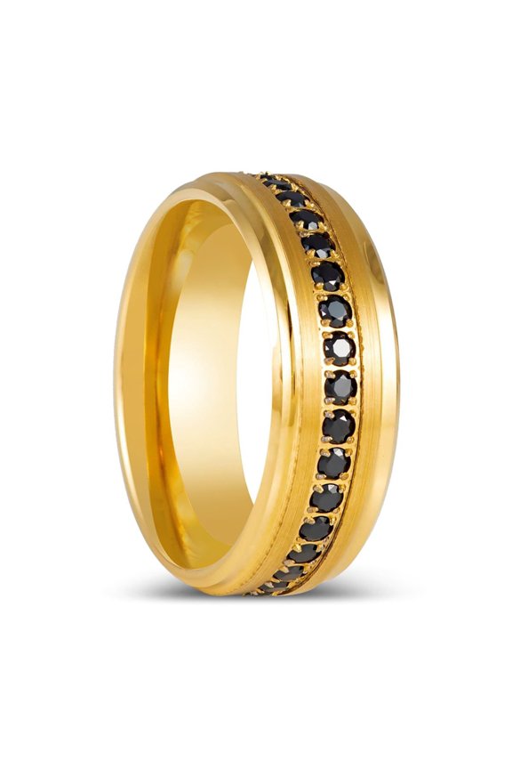 EBONYGLITZ | Yellow Gold Ring, Black CZ Ring, Stepped Edge