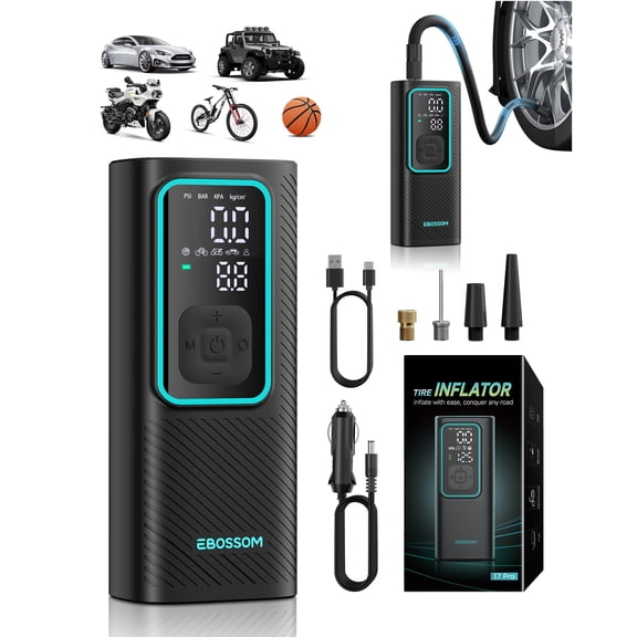 EBOSSOM Cordless Portable Tire Inflator Air Compressor, 150 PSI Mini Car Air Pump,12V DC Cigarette Lighter, Pressure Gauge, Cordless Tire Inflator Rechargeable with Display & LED