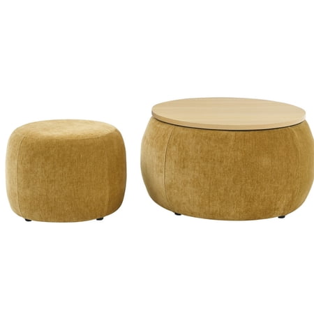 EBQOSK 2 in 1 Round Storage Stool with Drum Footstool, 25"X25"X14.7" Storage Ottoman Coffee Table with Removable Design Wooden Tray for Minimalist Living Room Bedroom Terrace Space, Dark Yellow