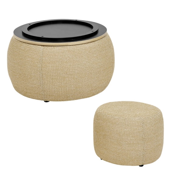 EBQOSK 2 in 1 Round Storage Stool with Drum Footstool, 25"X25"X14.7" Storage Ottoman Coffee Table with Removable Design Wooden Tray for Minimalist Living Room Bedroom Terrace Space, Natrual