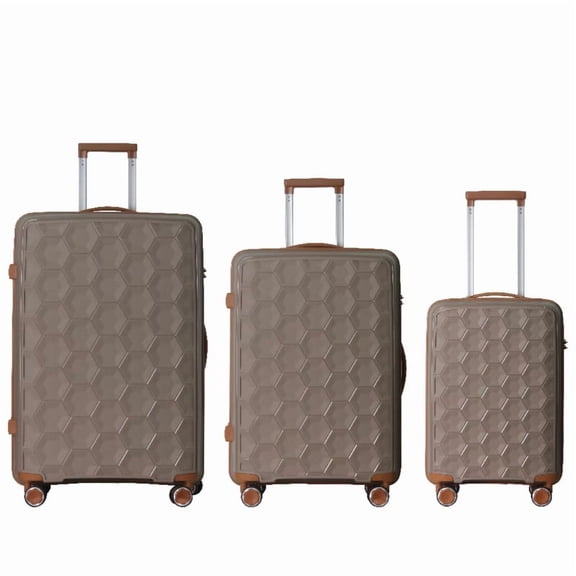 EBQOSK 20/24/28 Inch PP Hardsided Luggage Sets with TSA-Approved Combination Lock and 360-Degree Spinner, Honeycomb Texture Suitcase Set with Moulded Corner for Business Family Trips Coffee Brown