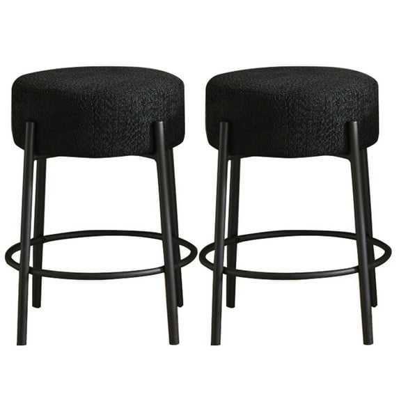 EBQOSK 24 Inch Bar Stools Set of 2, Modern Upholstered Bar Chair with Black Boucle and Black Metal Legs Footrest, Kitchen Stools with Round Armless Backless for Dining Room Pantry Breakfast Bar Cafe