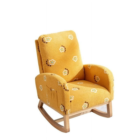 EBQOSK 26.8"W Modern Rocking Chair for Nursery, Mid Century Accent Rocker Armchair with Side Pocket, Upholstered High Back Wooden Rocking Chair for Living Room Baby Kids Room Bedroom Mustard