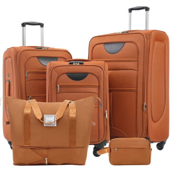 EBQOSK 3+2PCS Expandable Carry on Suitcase Set with 360° Upright Spinner Wheels and TSA Lock, 20/24/28 inch Softside Lightweight Luggage Kit for Men Women Family Travel, Expand 25% Space Orange
